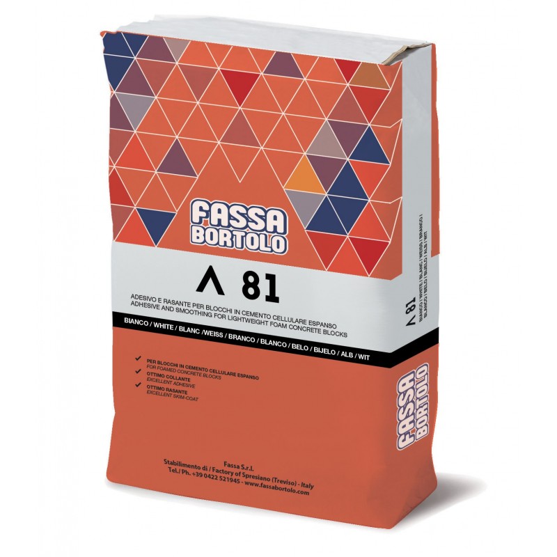 Rasante adesivo Fassa A81 bianco per blocchi in cemento cellulare espanso (Sacco da 25 Kg e 5 sacchi da 5 Kg) Fassa Bortolo - 1