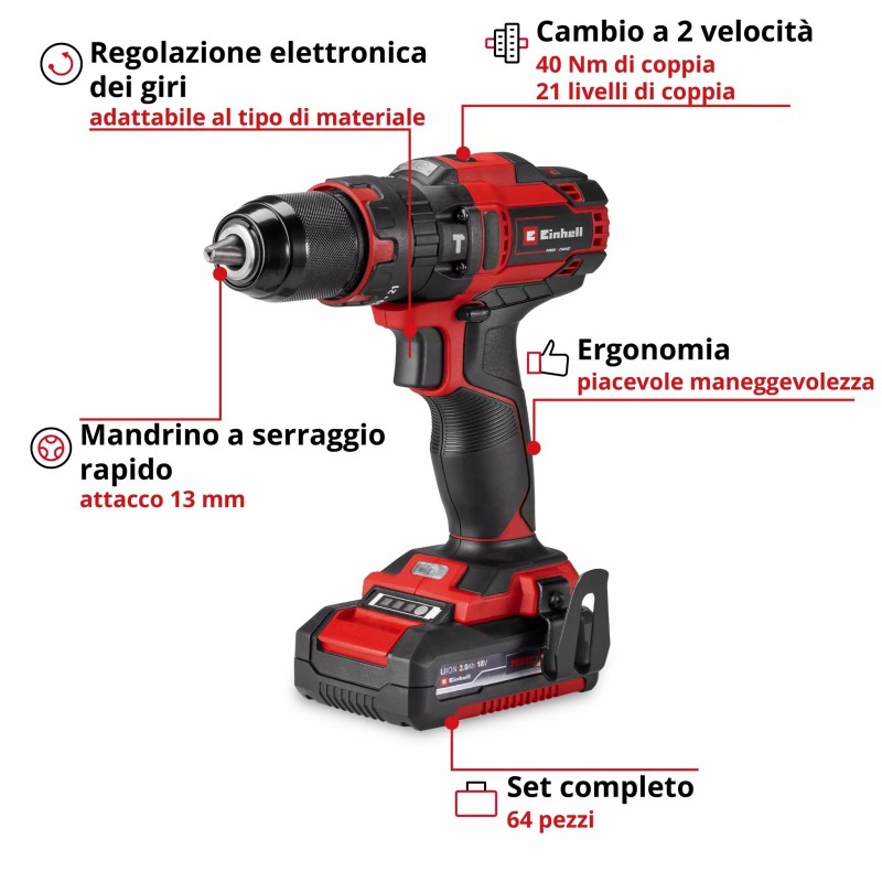 EINHELL TRAPANO A PERCUSSIONE A BATTERIA TE-CD 18/40 Li-i +64 (1x2