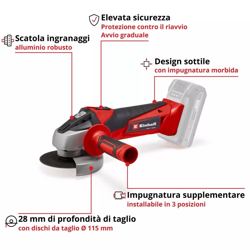 EINHELL SMERIGLIATRICE ANGOLARE A BATTERIA TC-AG 18/115 Li-Solo