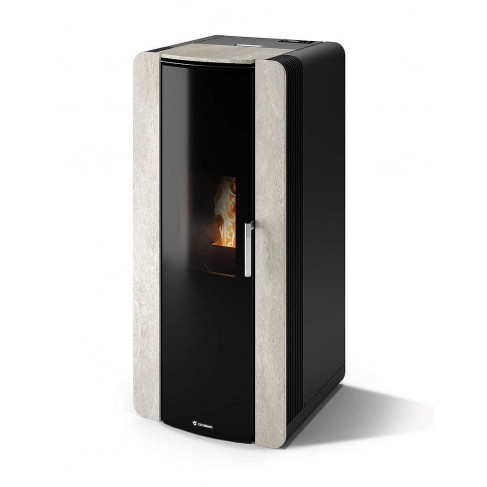 Stufa Firenze 10 CS Thermos a pellet con bruciatore autopulente, Pietra Bianco Platino, a fumi posteriore/superiore, 10,8kW