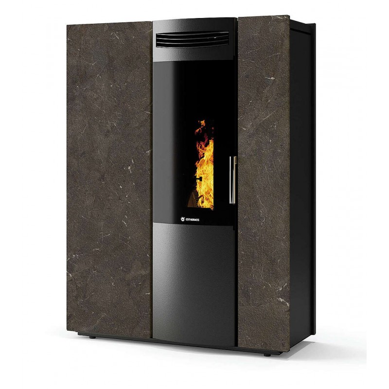 Stufa Thema 10 CS Thermos a pellet con bruciatore autopulente, Pietra Umbra, a fumi posteriore/superiore, 10,4kW