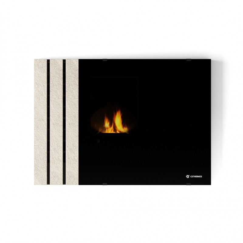 Stufa Paris CS Thermos, Inserto pellet con bruciatore autopulente, Pietra Bianco Platino, a fumi posteriore, 10,8kW