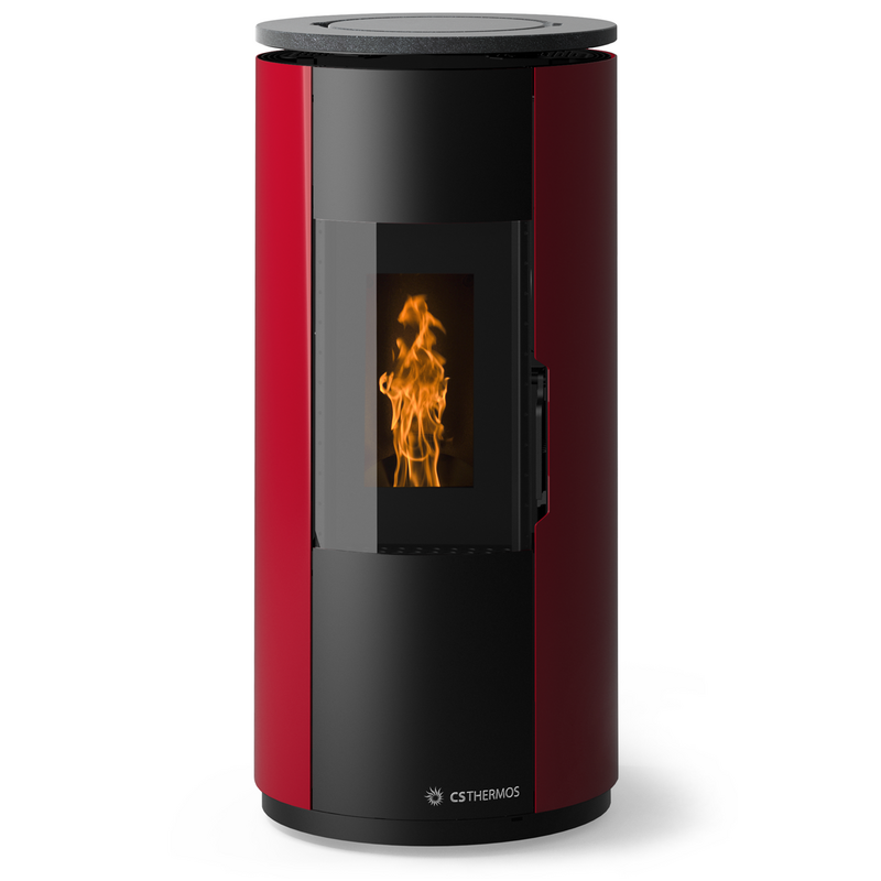 Stufa Leire Stagna CS Thermos a pellet, Metallo Rosso + Top Pietra Ollare, a fumi posteriore/superiore, 8,9kW