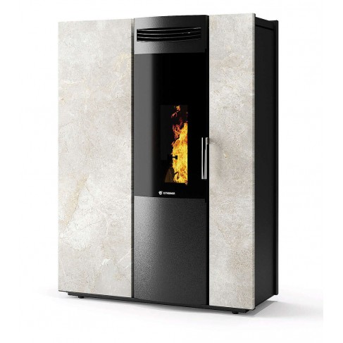 Stufa Thema 10 Stagna CS Thermos a pellet con bruciatore autopulente, Pietra Bianco Platino, a fumi posteriore/superiore, 10,4kW