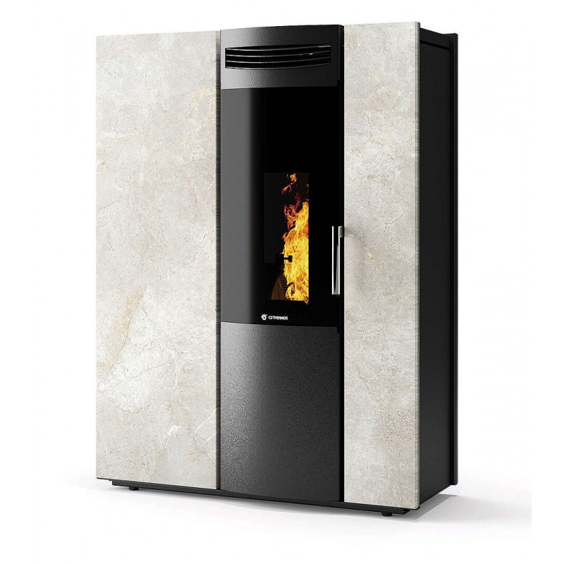 Stufa Thema 10 Stagna CS Thermos a pellet con bruciatore autopulente, Pietra Bianco Platino, a fumi posteriore/superiore, 10,4kW