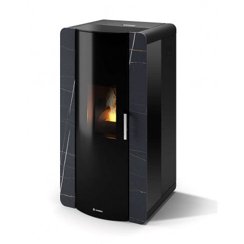 Termostufa Roma 15 CS Thermos a pellet con bruciatore autopulente, Pietra Nero Azalai, a fumi posteriore/superiore, 16,5kW