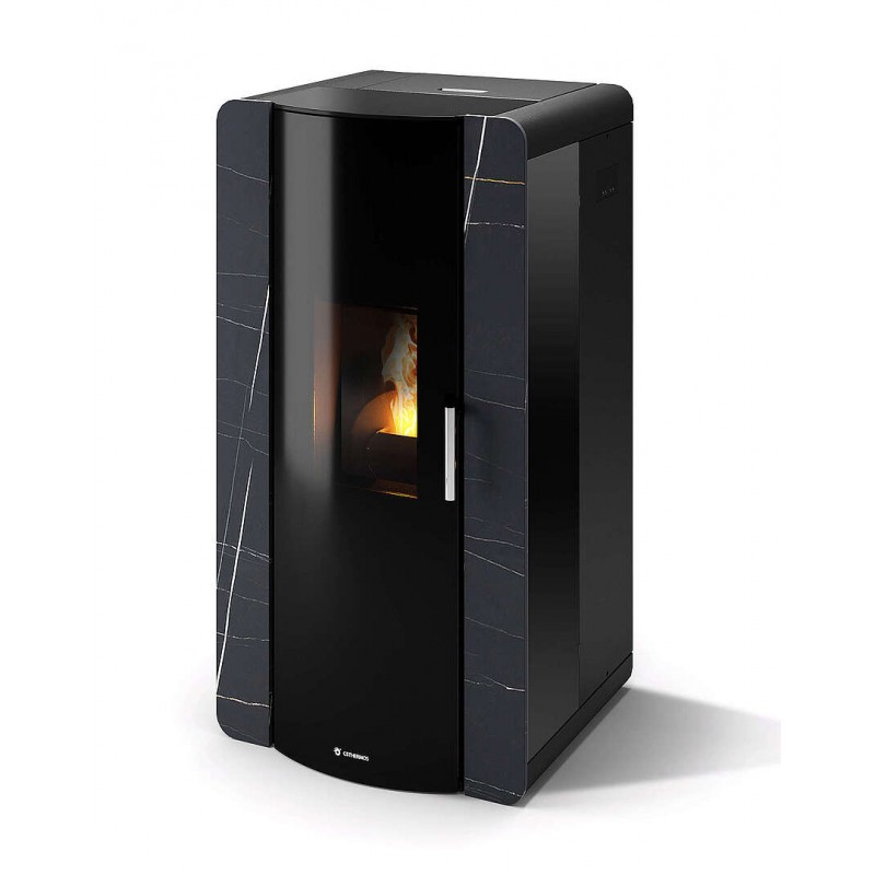 Termostufa Roma 15 CS Thermos a pellet con bruciatore autopulente, Pietra Nero Azalai, a fumi posteriore/superiore, 16,5kW