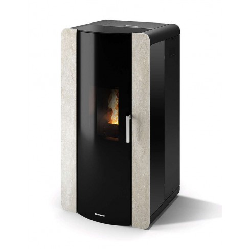 Termostufa Roma 15 CS Thermos a pellet con bruciatore autopulente, Pietra Bianco Platino, a fumi posteriore/superiore, 16,5kW