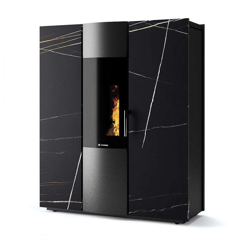 Termostufa Thema H2O 16 CS Thermos a pellet con bruciatore autopulente, Pietra Nero Azalai, a fumi posteriore/superiore, 15,8kW