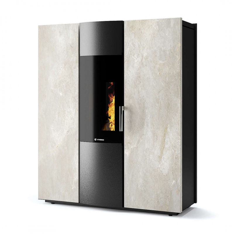 Termostufa Thema H2O 16 CS Thermos a pellet con bruciatore autopulente, Pietra Bianco Platino,15,8kW